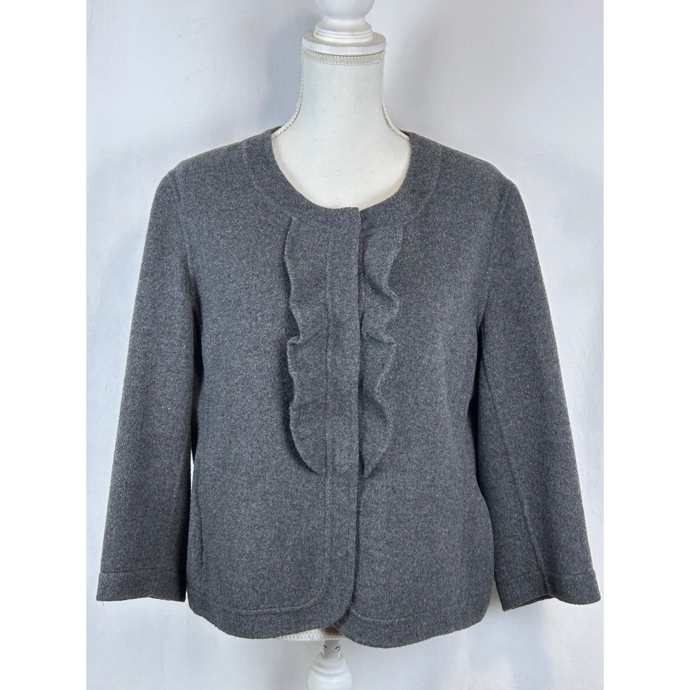 Talbots Ruffle Front Jacket Women L Gray Excellent Wool Blend Lady Jacket
